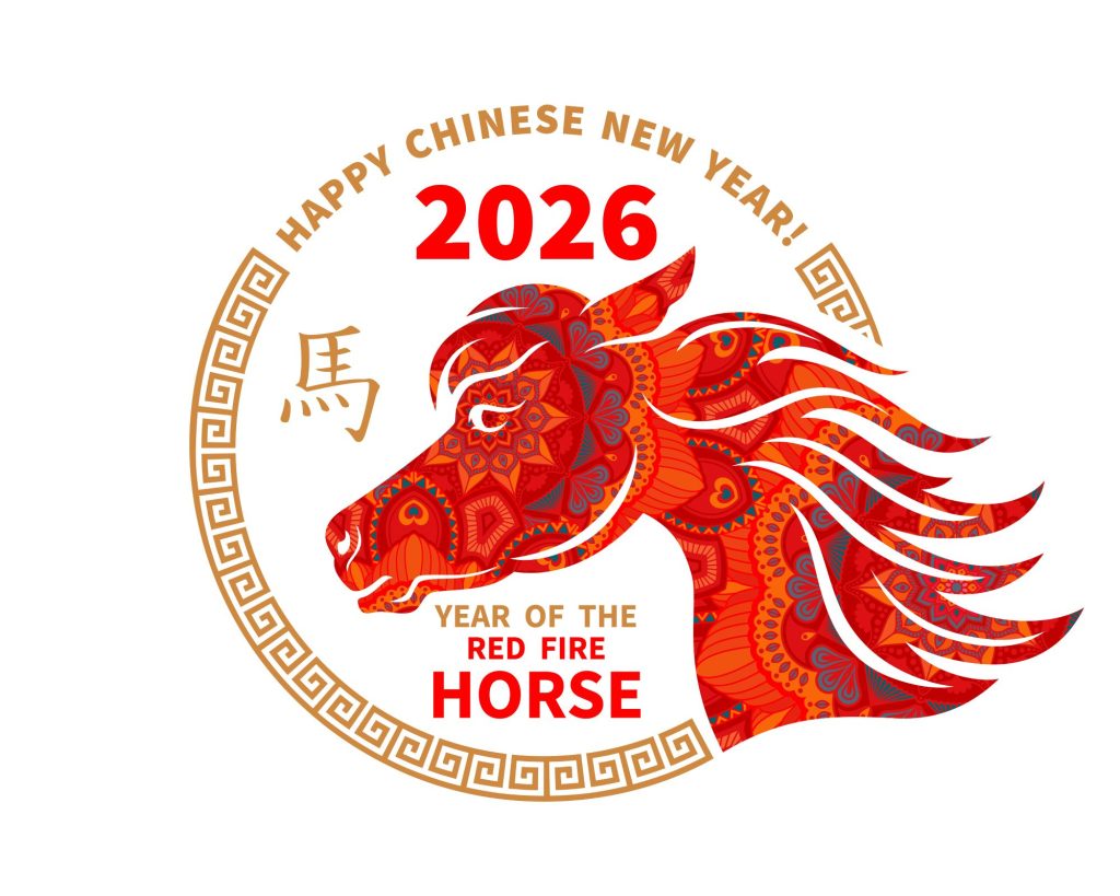 Ein roter Pferdekopf als Symbol für das Feuerpferd, der Jahresenergie 2026 im Chinesischen Jahr und des Feng Shui