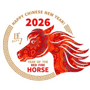 Kreis in dem ein roter Pferdekopf zu sehen ist, der für das Jahr des Feuerpferdes in China steht