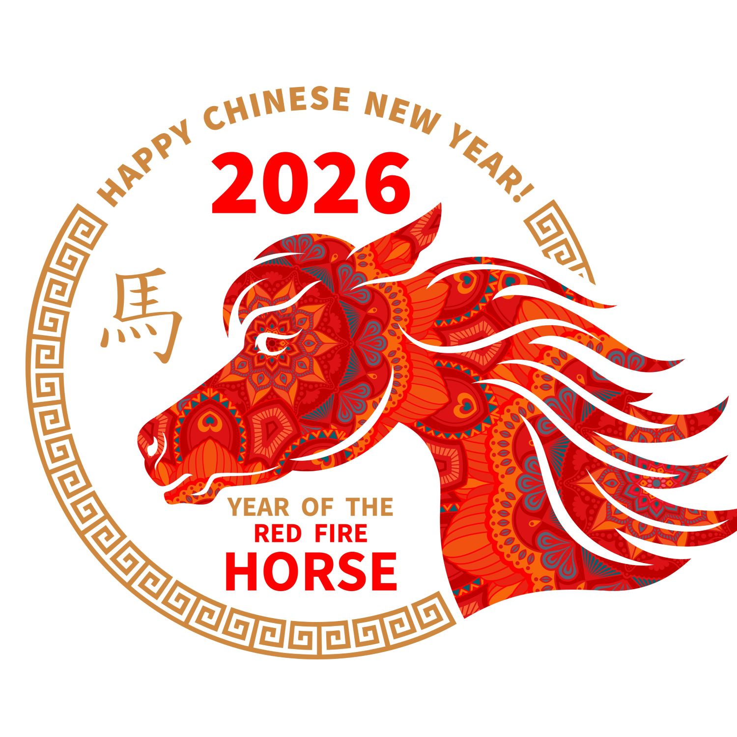 Kreis in dem ein roter Pferdekopf zu sehen ist, der für das Jahr des Feuerpferdes in China steht